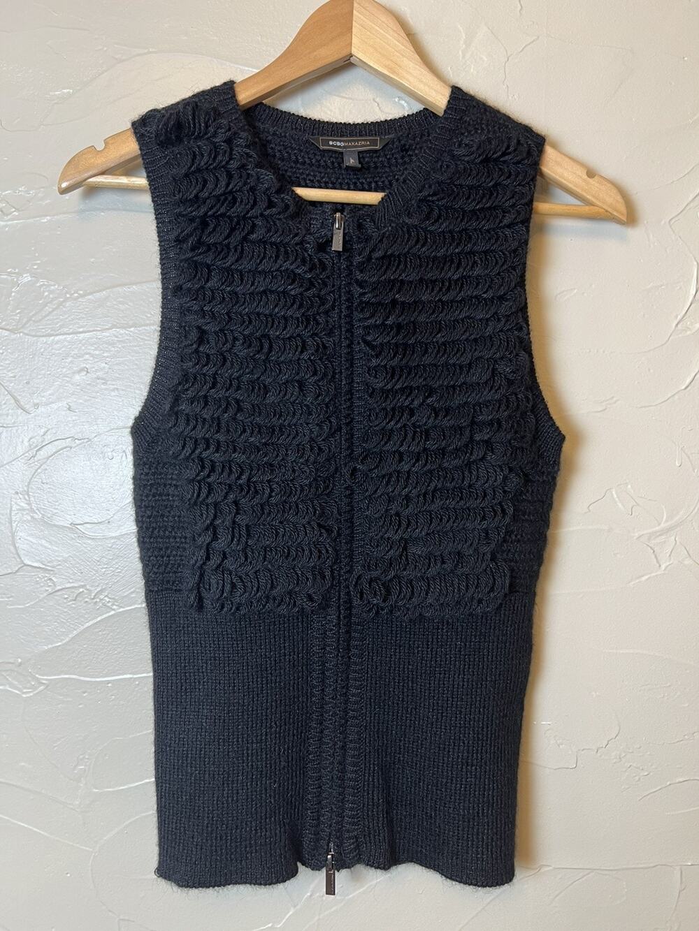 Y2K BCBG Max Azria XS Sweater Vest Shaggy Black Fringe Knit Boho Wool Alpaca